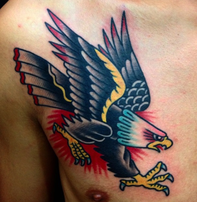 Attractive Old School Eagle Tattoo On Chest For Men