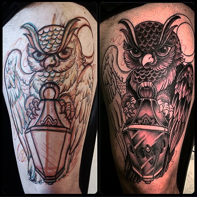 Attractive Owl And Lantern Tattoo