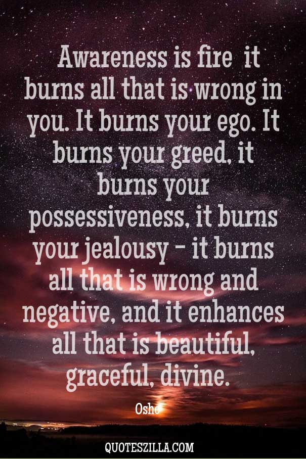 Awareness is fire; it burns all that is wrong in you. It burns your ego. It burns your greed, it burns your possessiveness, it burns your jealousy - it burns all that is wrong and negative, and it enhances all that is beautiful, graceful, divine. - Osho