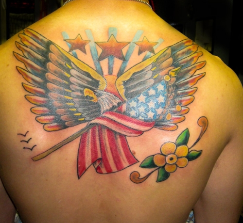 Awesome American Eagle Old School Tattoo On Upper Back
