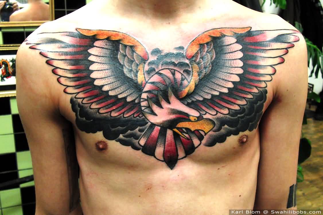 Awesome Clouds With Eagle Tattoo On Chest For Men