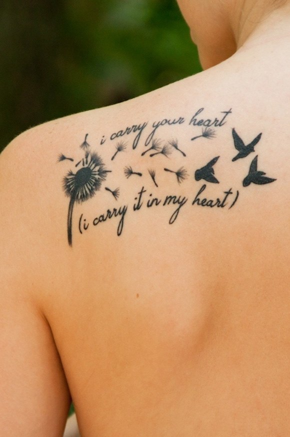 Awesome Dandelions With Poem Tattoo On Left Back Shoulder
