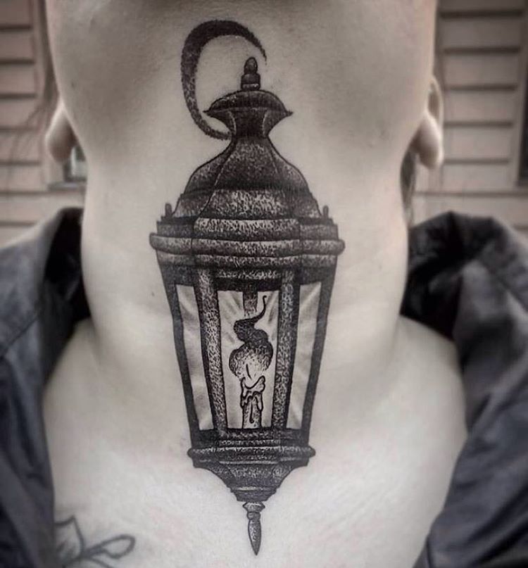 Awesome Dotwork Lantern Tattoo On Neck