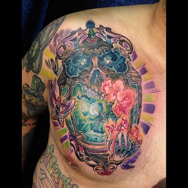 Awesome Evil Lantern With Butterfly Tattoo On Chest