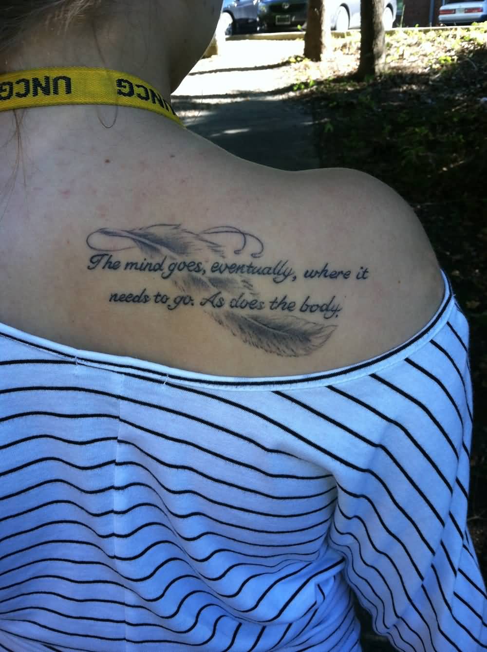 Awesome Feather And Poem Tattoo On Right Back Shoulder