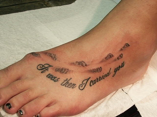 Awesome Footprints In The Sand Poem Tattoo On Foot