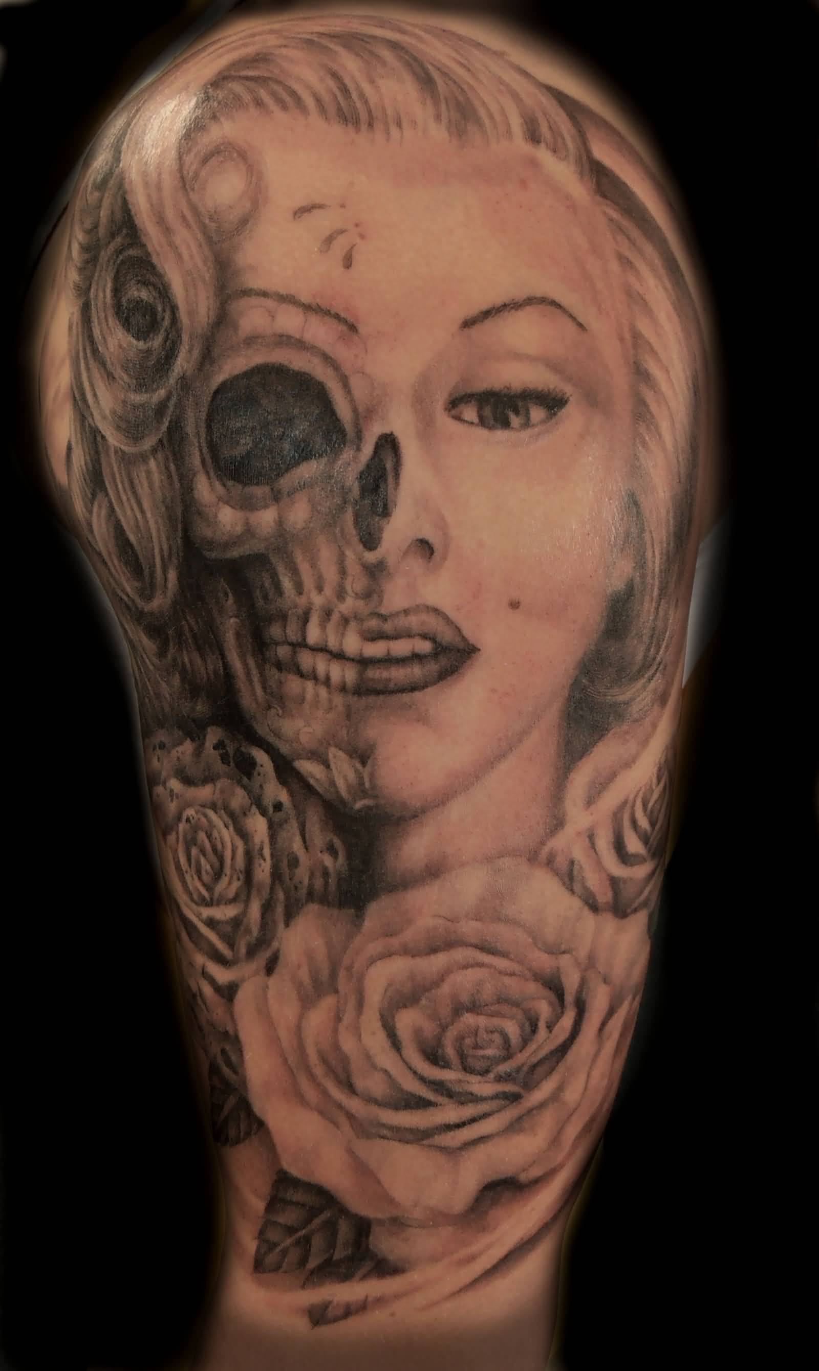 Awesome Grey Marilyn Monroe Skull Tattoo On Left Half Sleeve