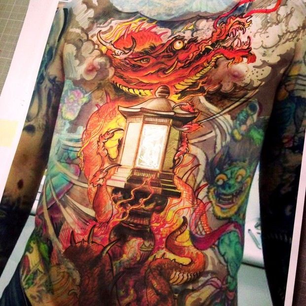 Awesome Japanese Lantern With Dragon Tattoo On Front Body