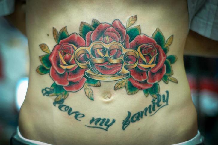 Awesome Knuckle With Roses Old School Tattoo On Belly