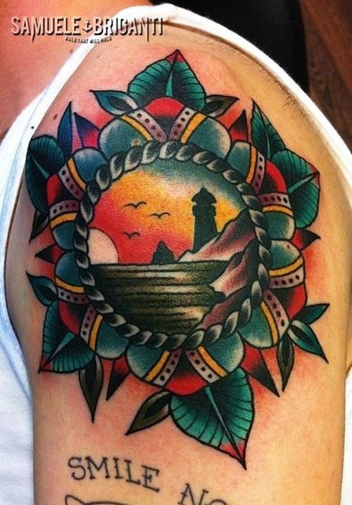 Awesome Lighthouse In Mandala Flower Tattoo On Left Shoulder