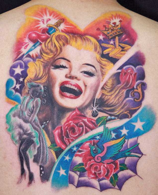 Awesome Marilyn Monroe Theme Tattoo On Upper Back