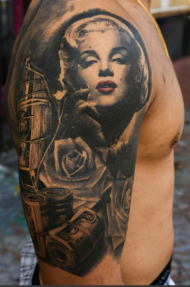 Awesome Marilyn Monroe With Money And Roses Tattoo On Right Half Sleeve