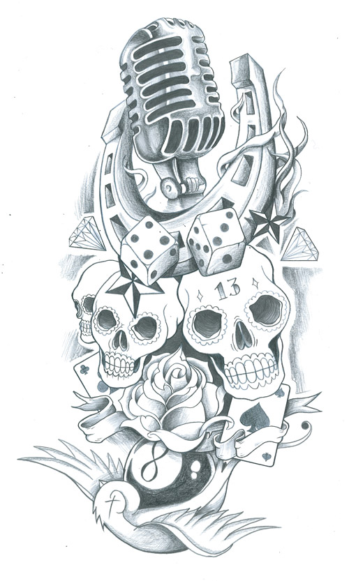 Awesome Microphone And Skulls Old School Tattoo Design