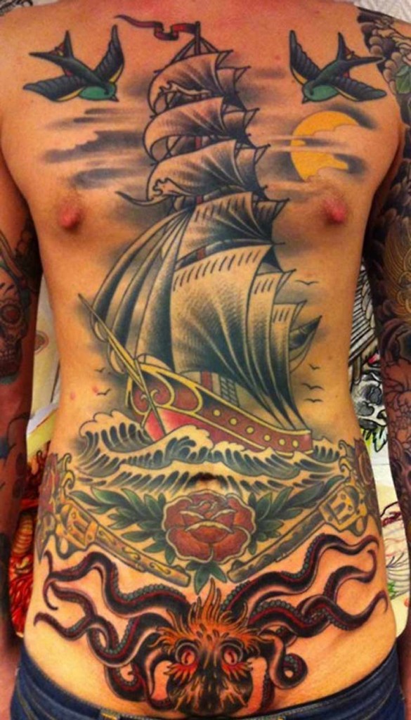 Awesome Octopus And Sea Ship Old School Tattoo On Front Body