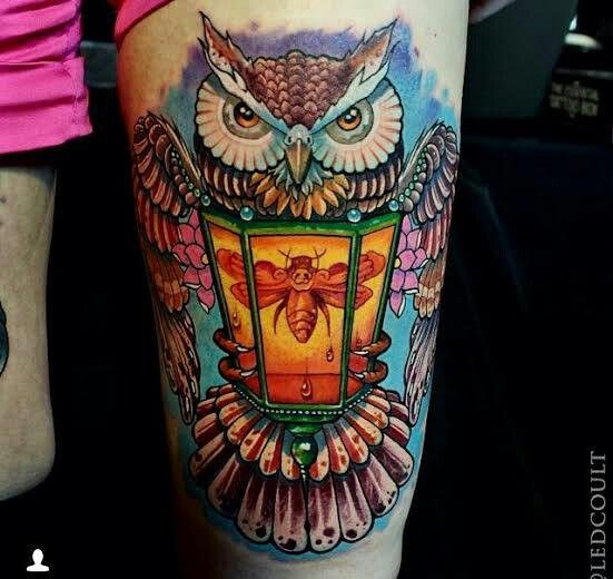 Awesome Owl And Victorian Lantern Tattoo