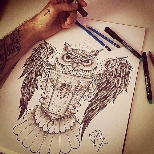 Awesome Owl With Victorian Lantern Tattoo Drawing
