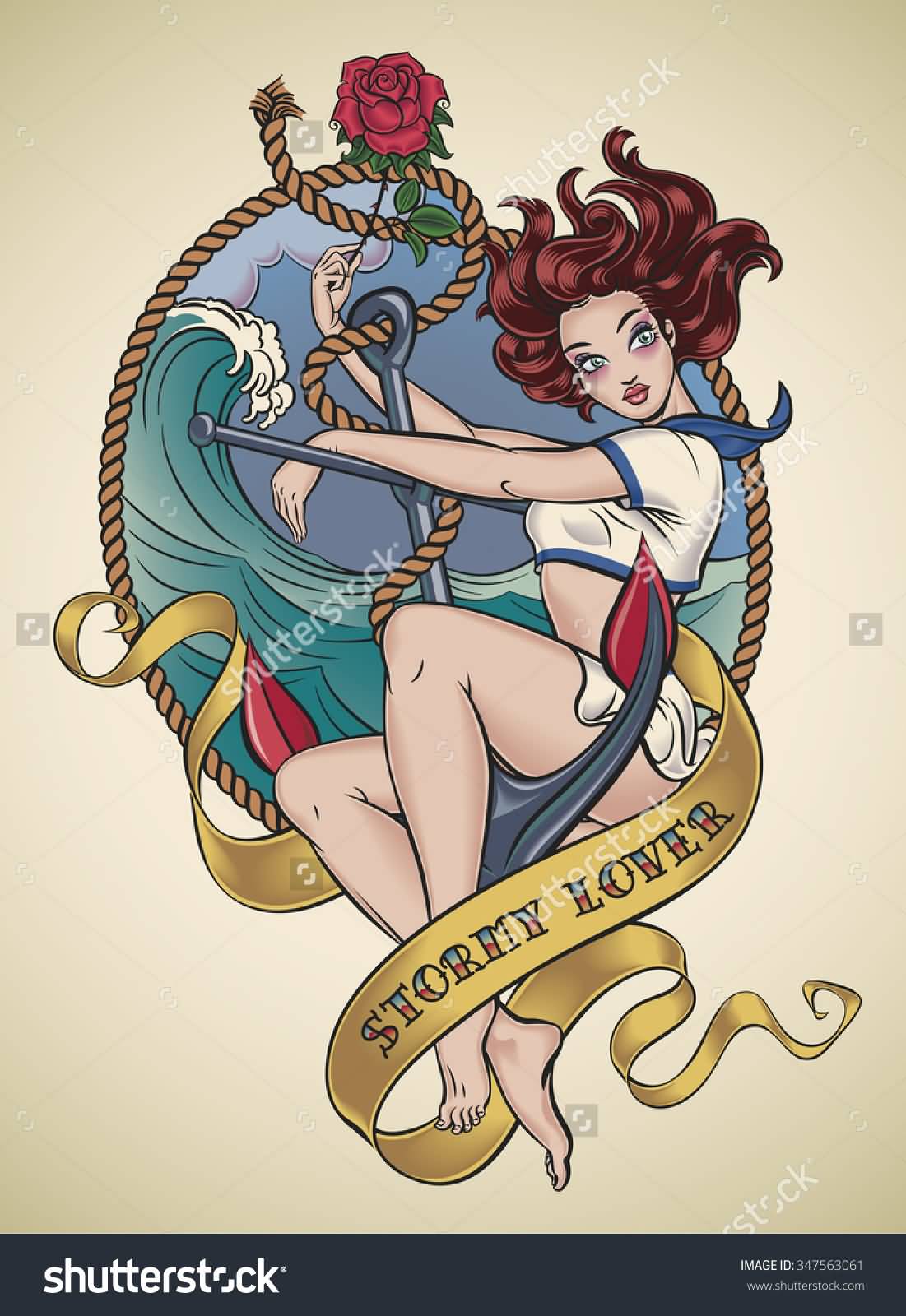 Awesome Sailor Girl With Rope Old School Tattoo Design