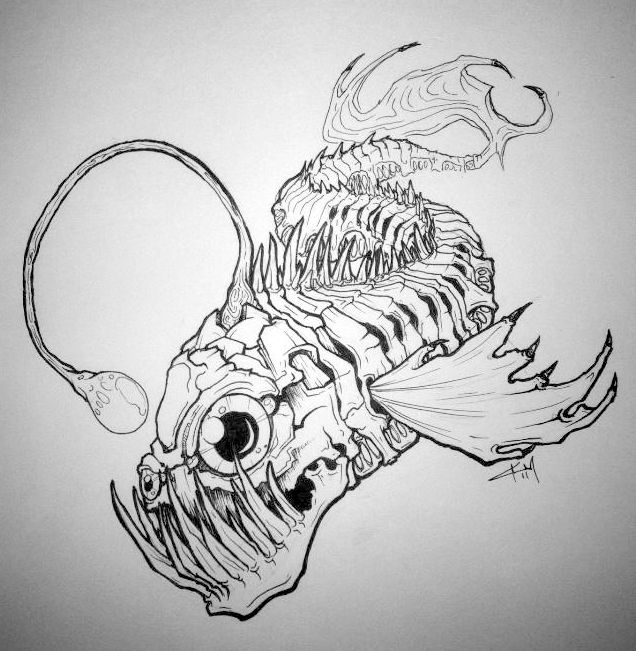 Awesome Skeleton Of Angler Fish Tattoo Drawing