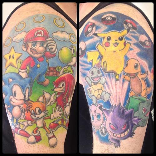 Awesome Sonic And Pokemon Tattoo On Half Sleeve