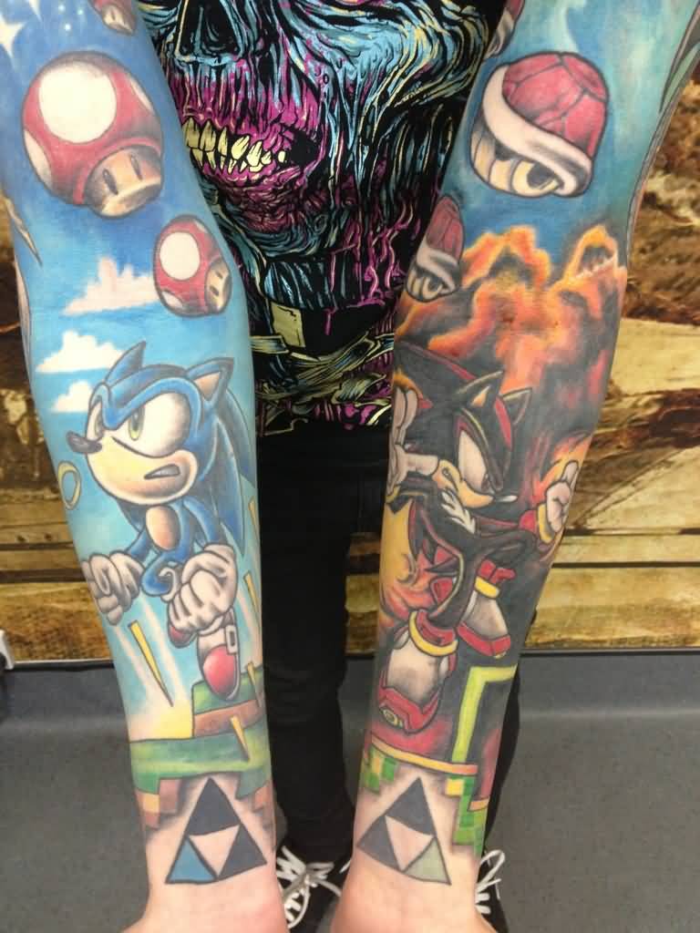 Awesome Sonic And Shadow Video Game Tattoos On Both Full Sleeve