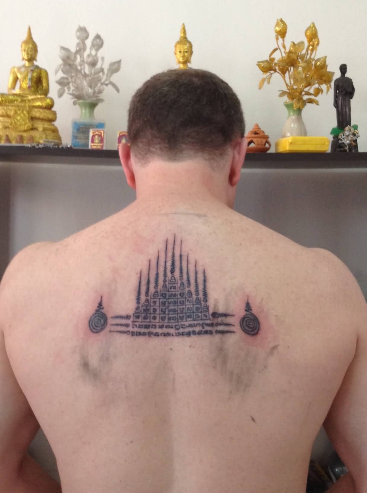 Awesome Thai Temple Tattoo On Upper Back For Men