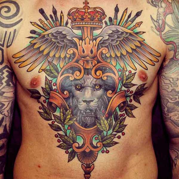 Awesome Winged Vintage Lion Dagger Old School Tattoo On Chest