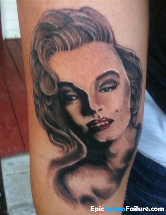 Awful Marilyn Monroe Tattoo On Arm Sleeve