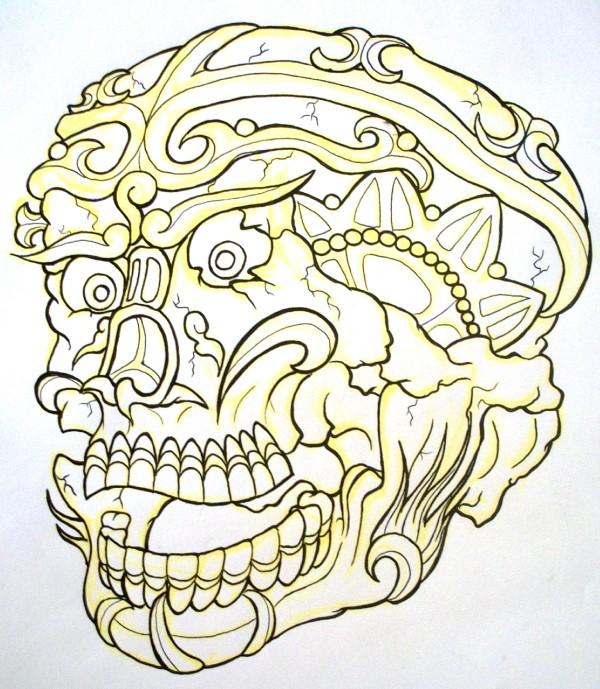 Awful Yellow Tibetan Skull Tattoo Design