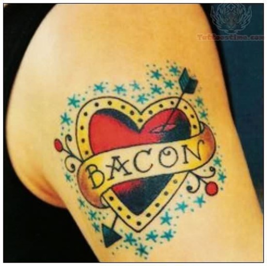 Bacon Heart Old School Tattoo On Shoulder