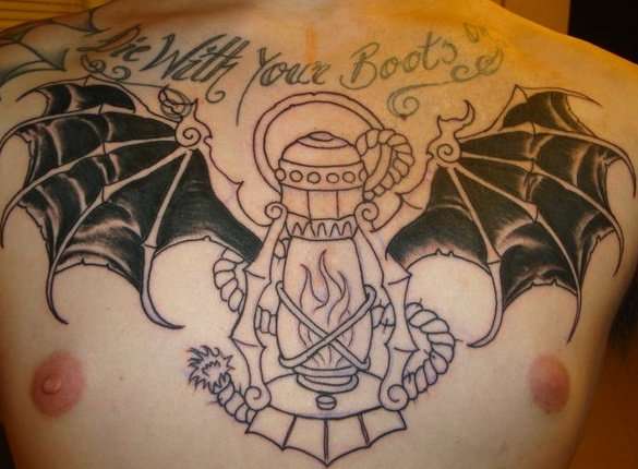 Bat Winged Lantern Tattoo On Chest For Men