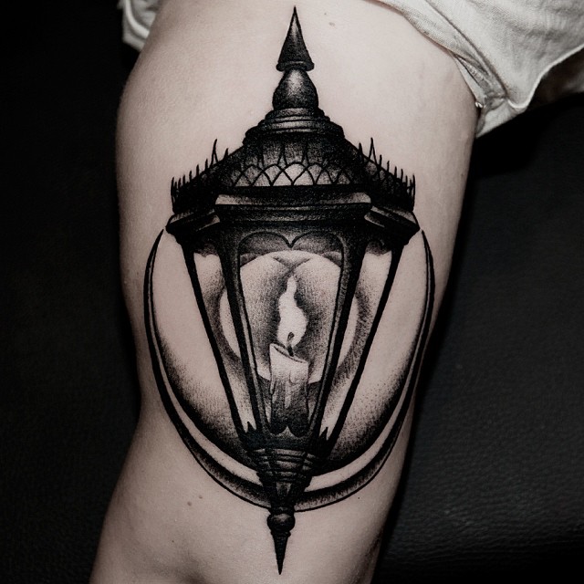 Beautiful Dotwork Lantern Tattoo