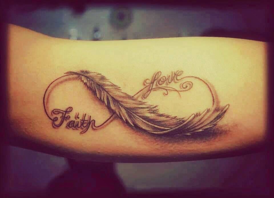 Beautiful Infinity Feather Tattoo On Half Sleeve
