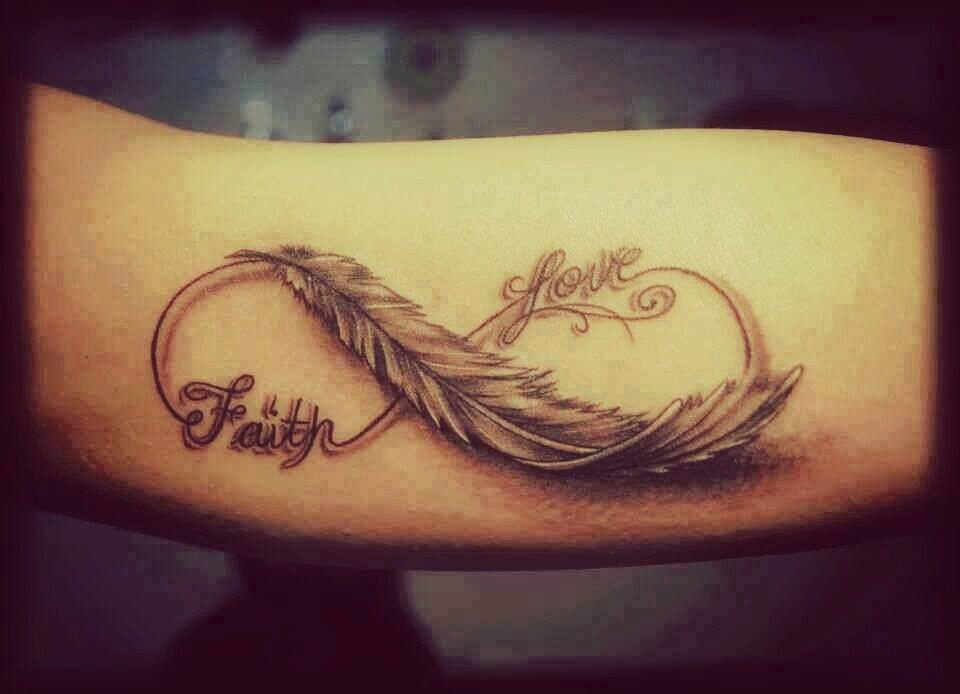 Beautiful Love Faith Infinity Symbol With Feather Tattoo On Arm