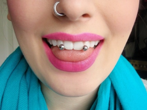 Beautiful Tongue Surface Piercing And Right Nostril Piercing