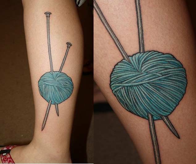 Big Knitting Needles In Blue Yarn Tattoo On Leg
