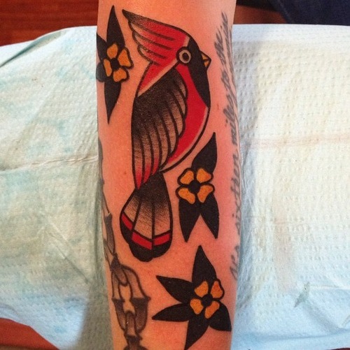 Bird And Flower Old School Tattoo On Arm
