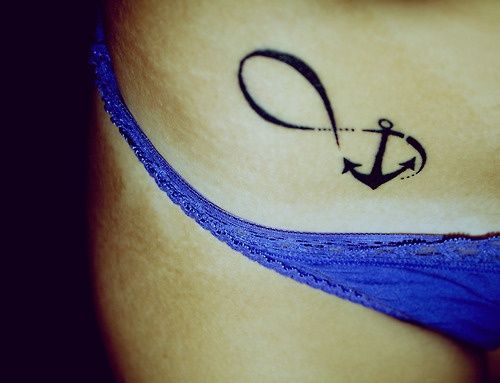 Black Anchor Infinity Tattoo On Hip For Girls