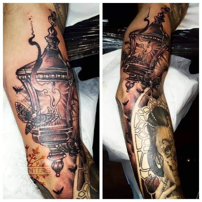 Black And Grey Lantern Tattoo On Arm