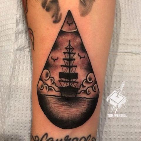 Black And Grey Old School Sea Ship View Tattoo