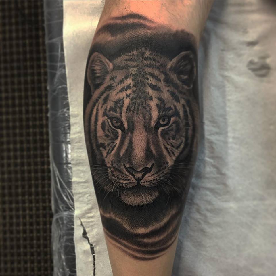 Black And Grey Tiger Head Tattoo On Leg by Dexa Studio