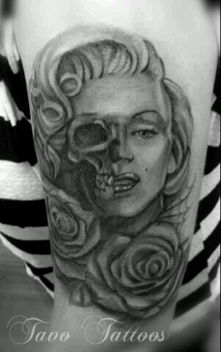 Black And White Marilyn Monroe Skull Tattoo On Half Sleeve