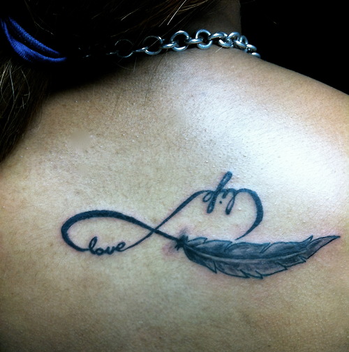 Black Infinity Symbol With Feather Tattoo On Upper Back
