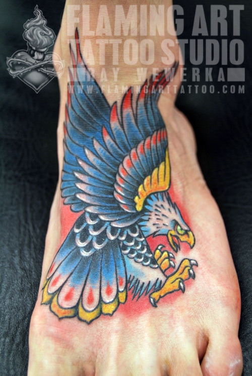 Blue And Yellow Old School Eagle Tattoo On Foot