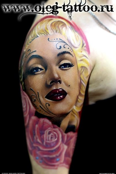 Brilliant Marilyn Monroe With Pink Roses Tattoo On Right Half Sleeve