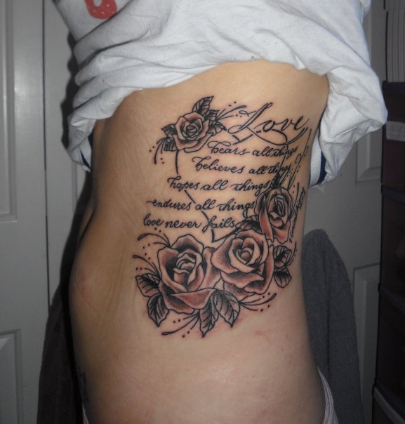 Brilliant Poem Of Love With Flowers Tattoo On Side Rib For Girls