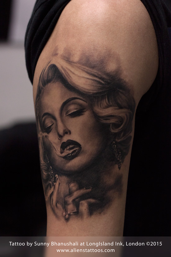 Brilliant Smoking Marilyn Monroe Tattoo On Half Sleeve