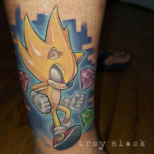 Brilliant Super Sonic With Diamonds Tattoo On Leg By Prhymesuspect