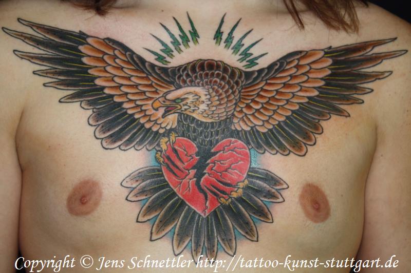 Broken Eagle Heart Old School Tattoo On Chest For Men