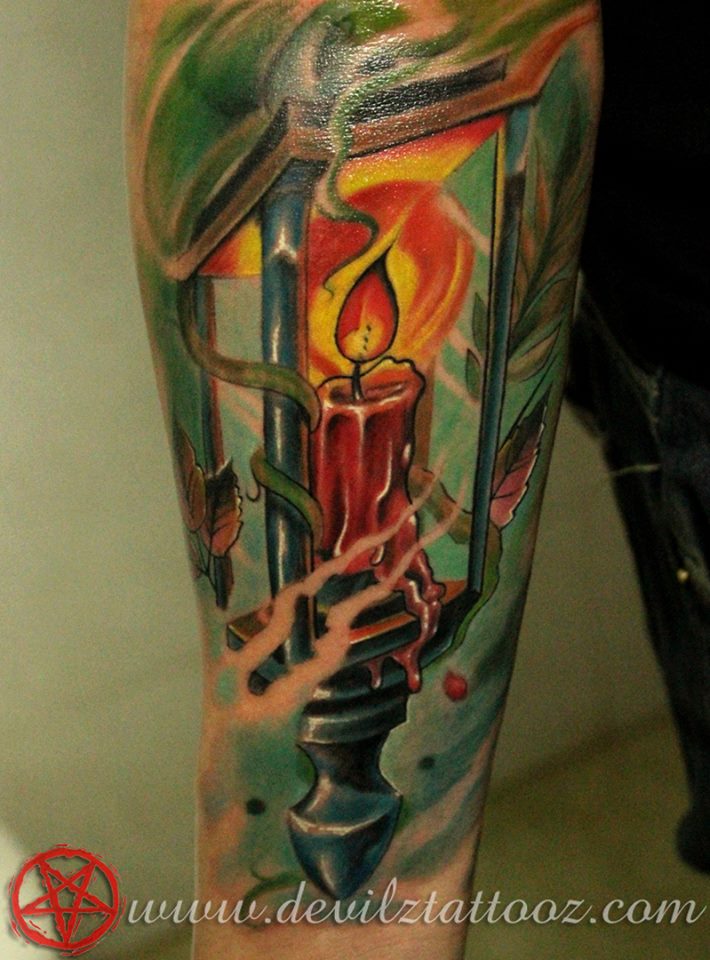 Burning Candle New School Lantern Tattoo On Arm by Alex Shimray