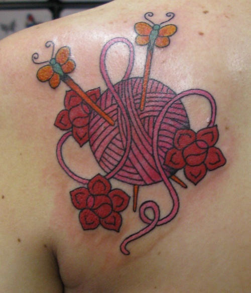 Butterflies Needle In Yarn Knitting Tattoo On Left Back Shoulder